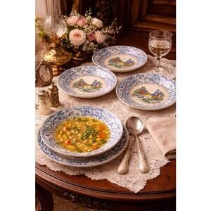 British Anchor Pottery England Antique 1900s 5 “Celebrate” Soup Plates, 8x1.5”